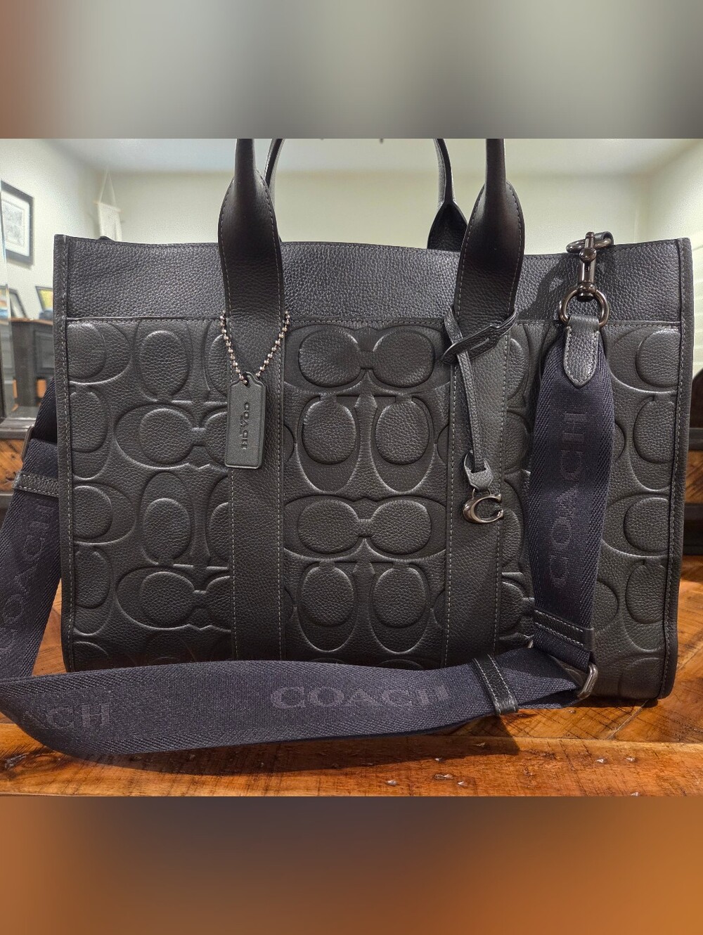 Coach Black Embossed Signature Leather Messenger Tote